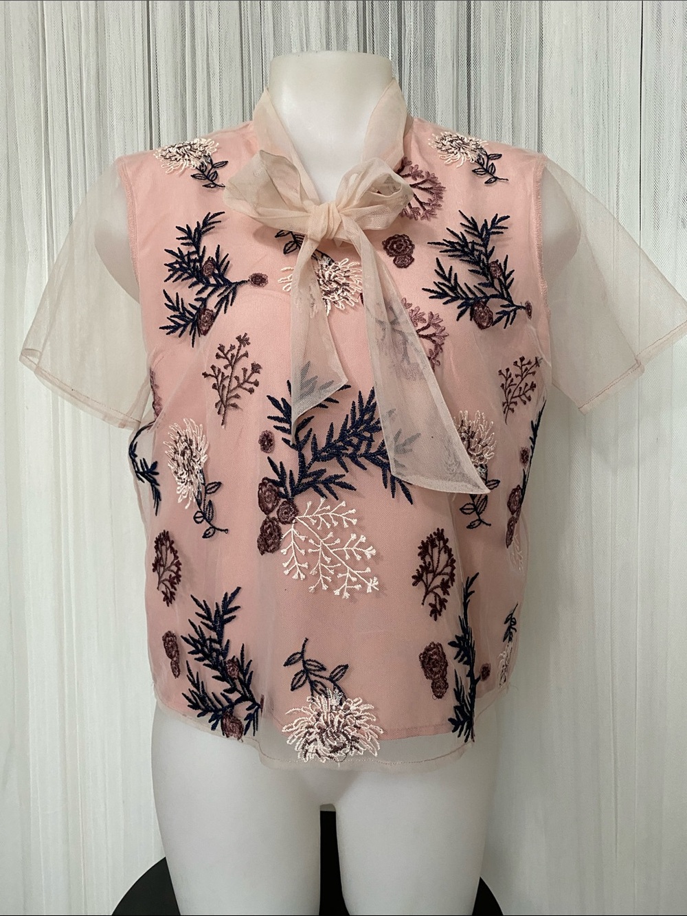 Twik by Simons Sheer Pink Overlay Embroidered Bow-Neck Women's Top
Size M